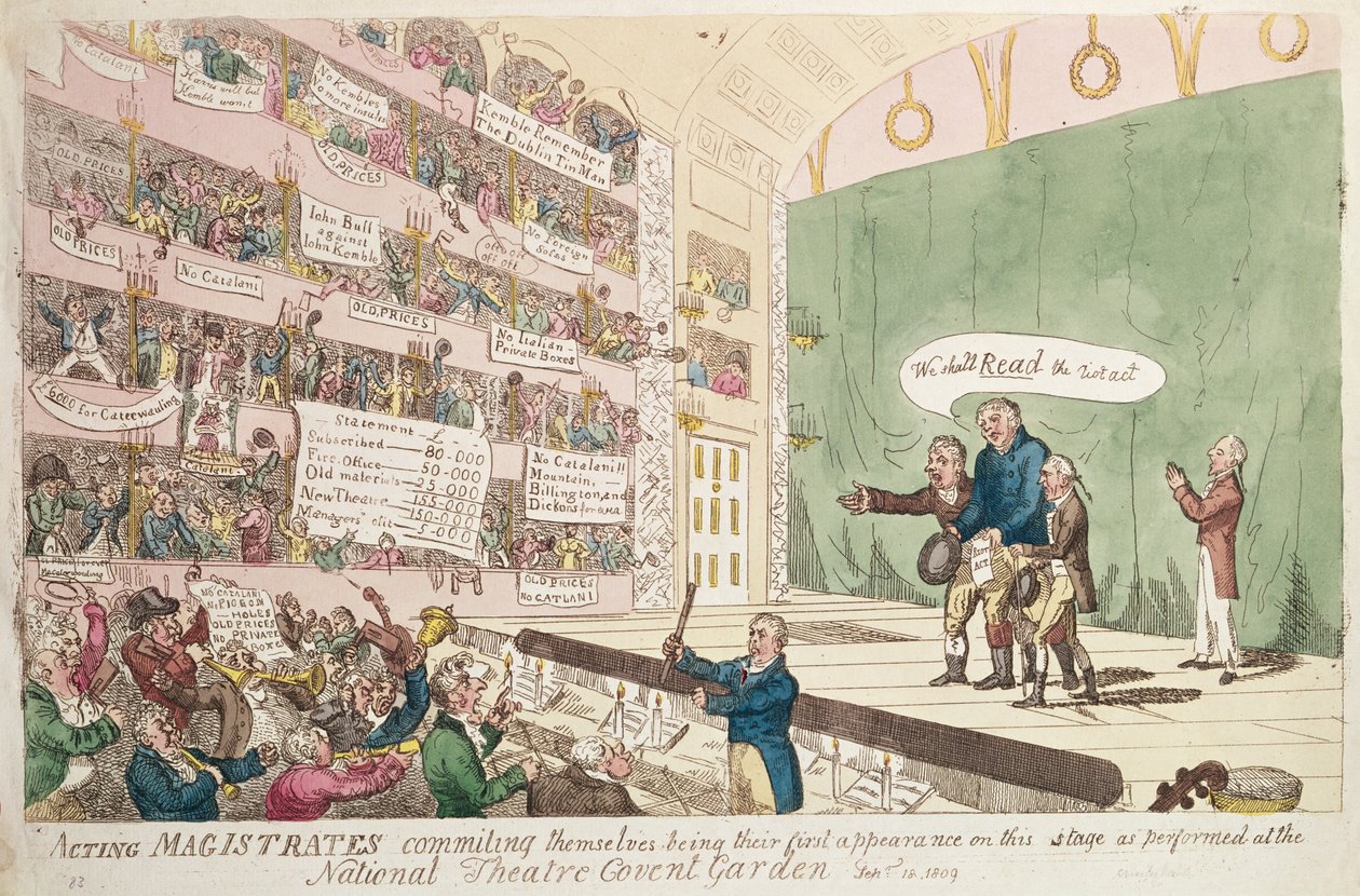 Działając sędziowie zobowiązując się, będąc ich pierwszym występem w wykonaniu w National Theatre Covent Garden, Londyn, 1809 (kolor grawerowania) autorstwa James Gillray