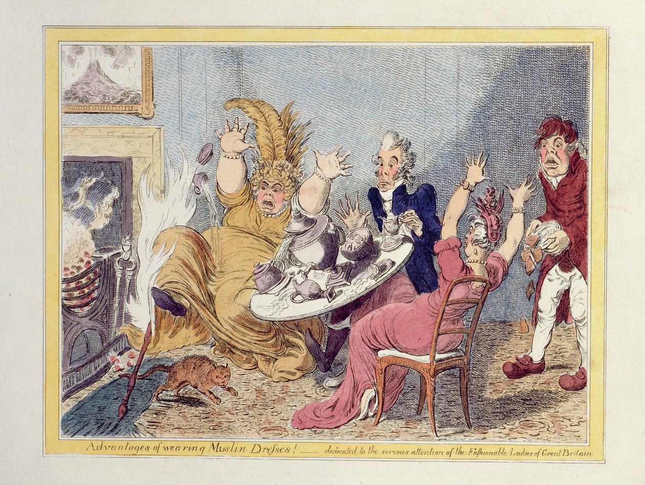 Zalety noszenia sukienek muślinowych! Poświęcone Poważnej Uwadze Modnych Dam Wielkiej Brytanii, wyd. autorstwa Johna Millera i W. Blackwooda autorstwa James Gillray