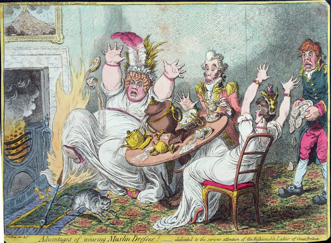 Zalety noszenia sukienek muślinowych! poświęcona poważnej uwadze modnych dam Wielkiej Brytanii, wyd. Hannah Humphrey, 1802 (ręcznie barwiona grawerunek) autorstwa James Gillray