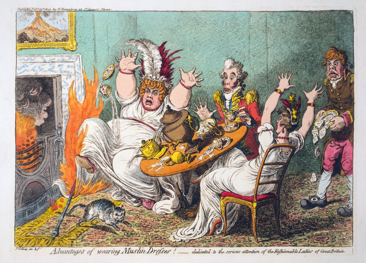 Zalety noszenia sukienek muślinowych! poświęcony poważnej uwadze modnych dam Wielkiej Brytanii, wyd. 1802 (grawerowanie ręcznie kolorowane) autorstwa James Gillray