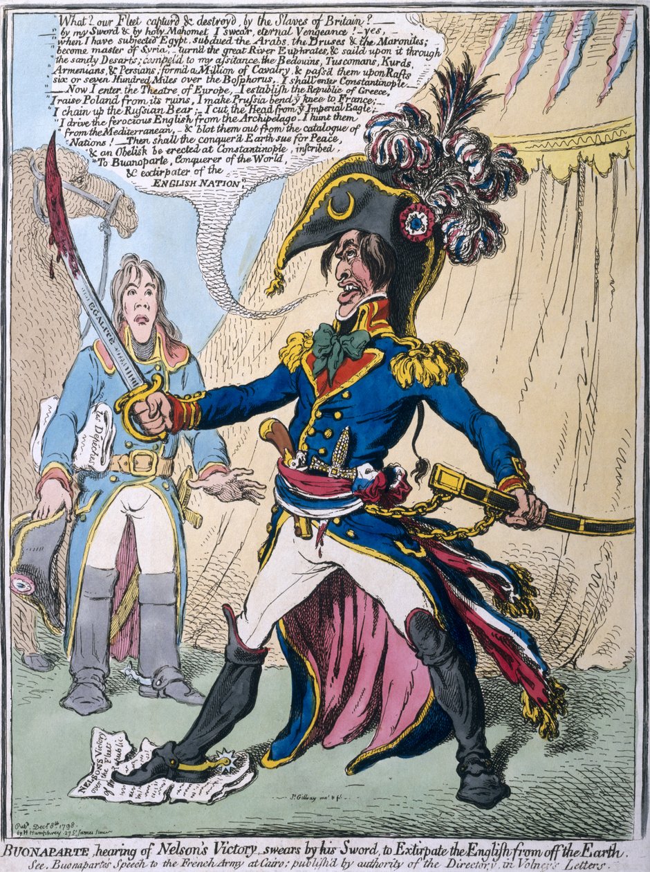 Buonaparte słyszący o Zwycięstwie Nelsona przysięga na swój miecz, by wytępić Anglików z ziemi, opublikowany przez Hannah Humphrey w 1798 r. (akwaforta ręcznie kolorowana) autorstwa James Gillray