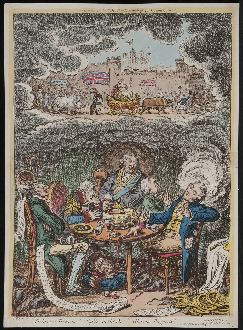 Pyszne sny! Zamki w powietrzu! Wspaniałe perspektywy! vide Popołudniowa drzemka po zmęczeniu oficjalną kolacją autorstwa James Gillray