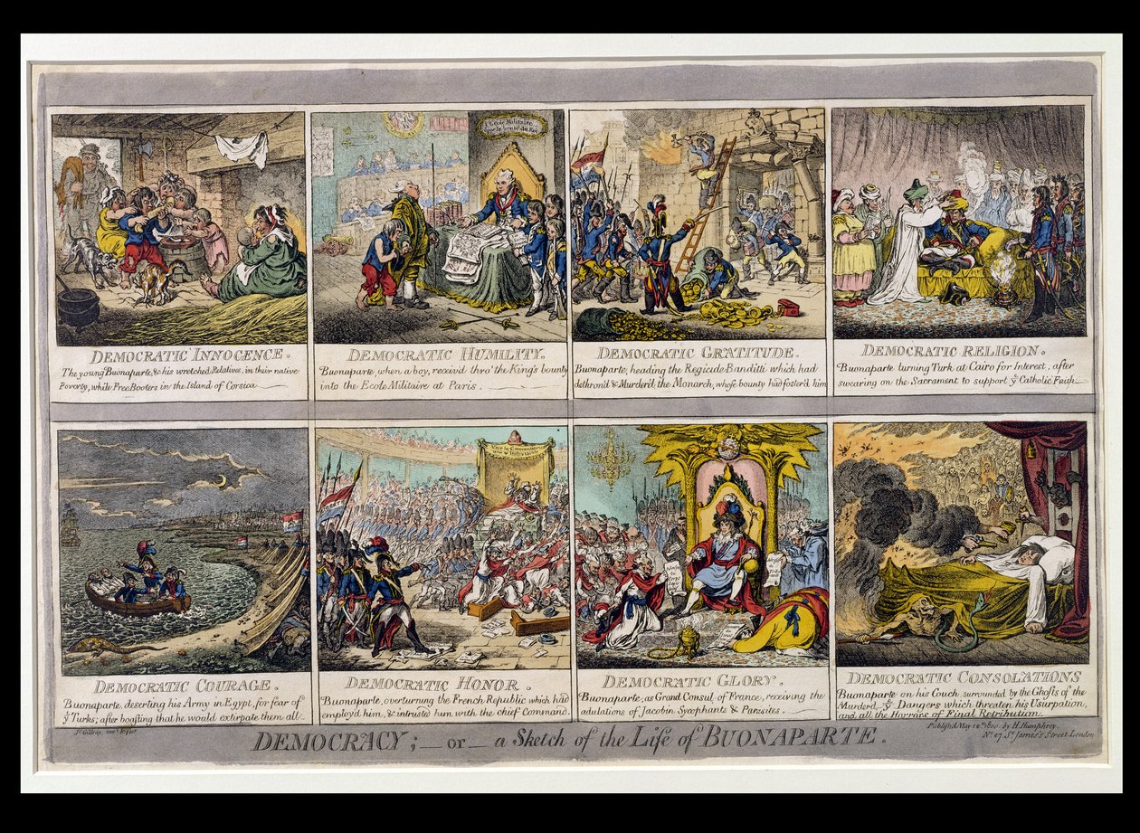 Democracy, or a Sketch of the Life of Buonaparte, wydana przez Hannah Humphrey w 1800 roku (akwaforta ręcznie kolorowana) autorstwa James Gillray