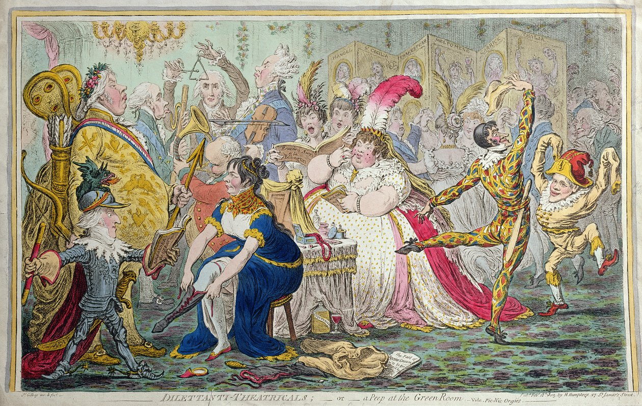 Dilettanti Theatricals, czyli Peep at the Green Room, wydane przez Hannah Humphrey w 1803 r. (akwaforta ręcznie kolorowana) autorstwa James Gillray
