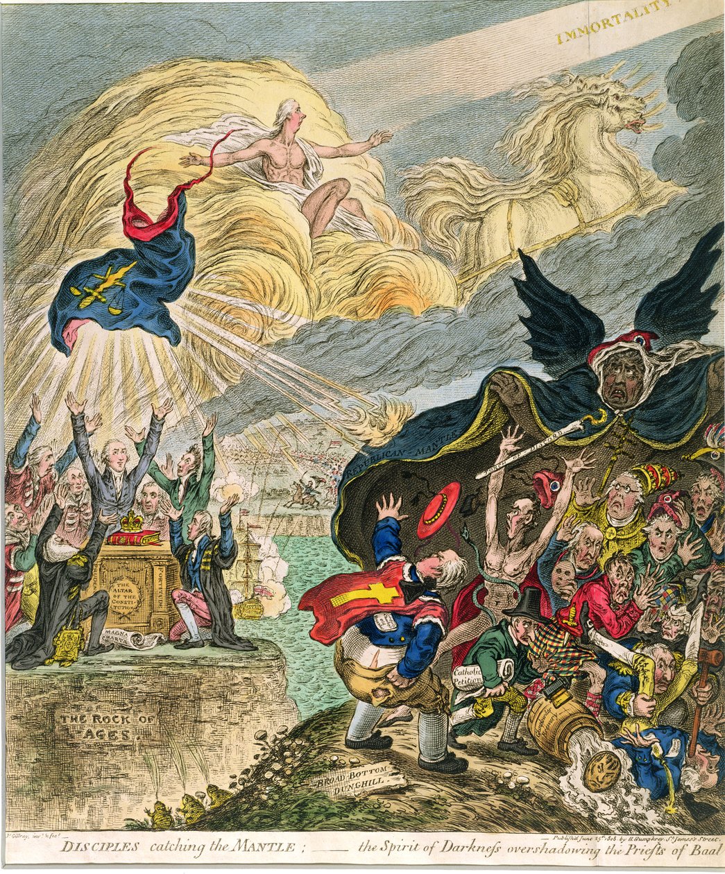 Uczniowie łapiący Płaszcz: Duch Ciemności w cieniu Kapłanów Baala, opublikowana przez Hannah Humphrey w 1808 r. (akwaforta ręcznie kolorowana) autorstwa James Gillray