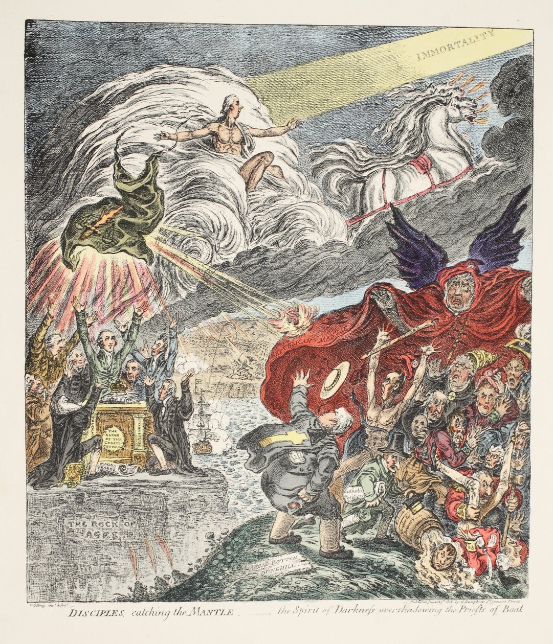Uczniowie łapiący płaszcz - Duch Ciemności przyćmiewający kapłanów Baala, pub. 1808 (akwaforta ręcznie kolorowana) autorstwa James Gillray