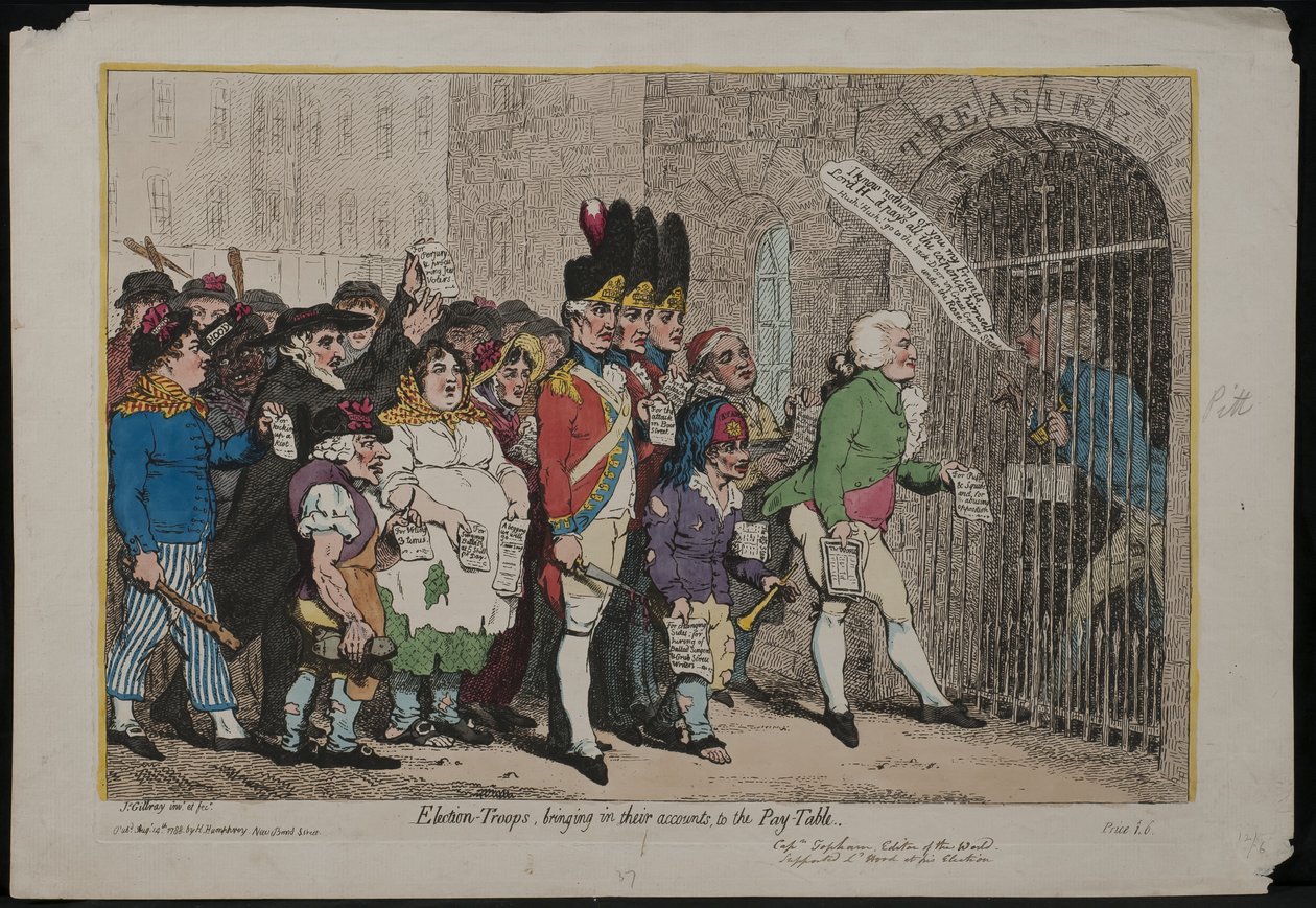Oddziały wyborcze wnoszące swoje rachunki do tabeli płac, 1788 autorstwa James Gillray