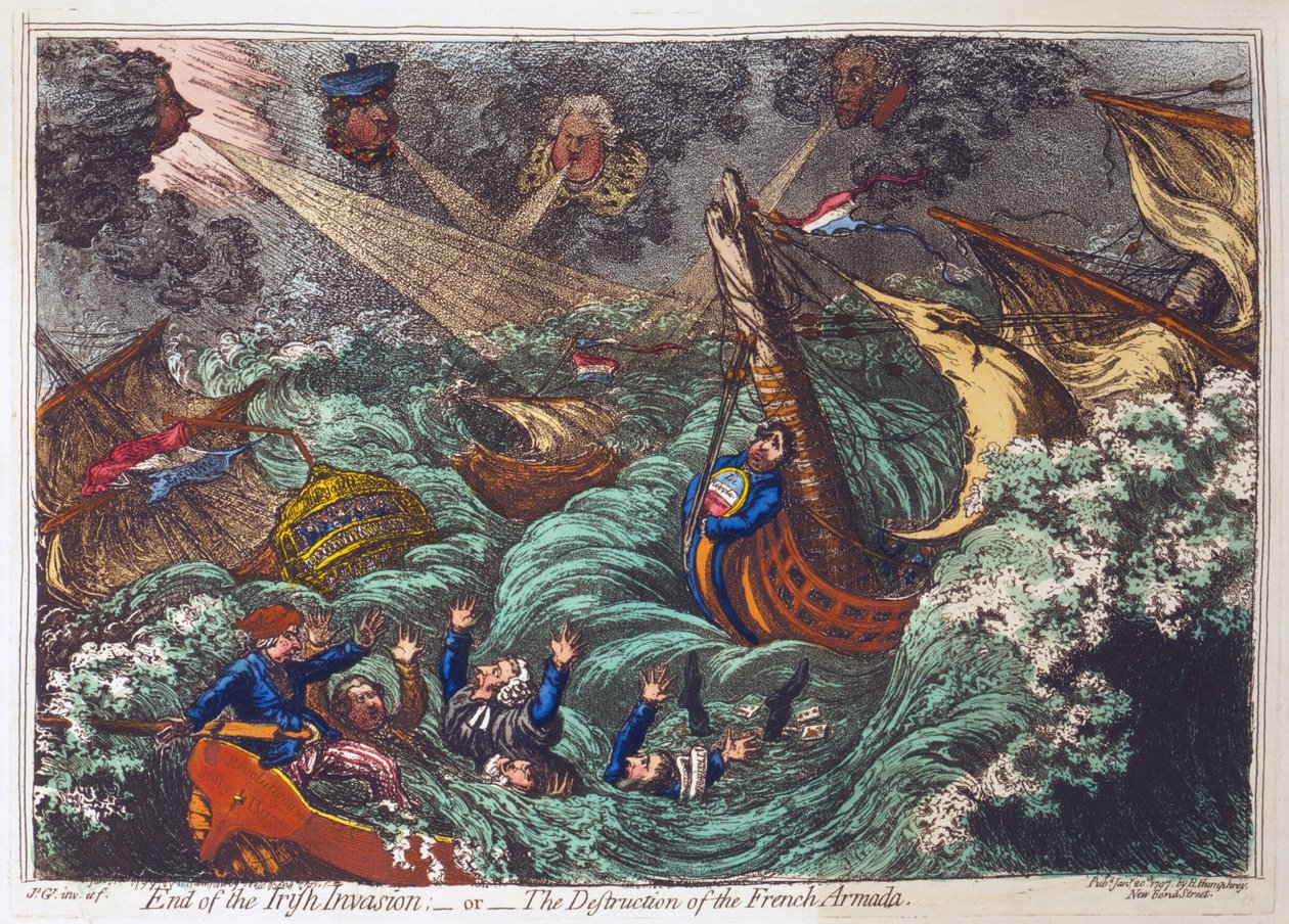 Koniec inwazji irlandzkiej lub zniszczenie francuskiej Armady, wyd. Hannah Humphrey, 20 stycznia 1797 (ręcznie kolorowane grawerowanie) autorstwa James Gillray