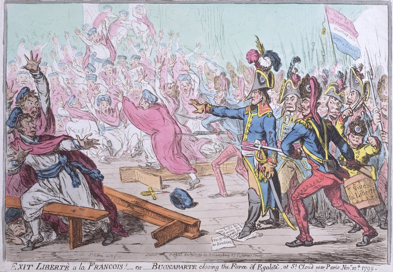 Wyjdź z Liberte a la Francois! lub Buonaparte zamykający Farsę Egalite w St. Cloud pod Paryżem, wydany przez Hannah Humphrey w 1799 (akwaforta ręcznie kolorowana) autorstwa James Gillray