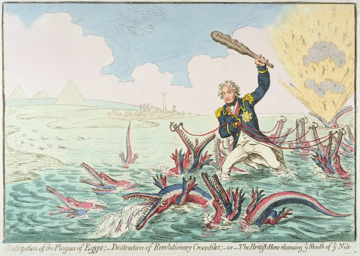 Wytępienie plag egipskich:- Zniszczenie rewolucyjnych krokodyli, 1798 (akwaforta ręcznie kolorowana) autorstwa James Gillray