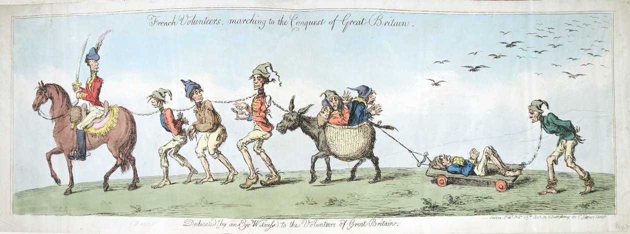 Ochotnicy francuscy, maszerujący na podbój Wielkiej Brytanii, wydana przez Hannah Humphrey w 1799 roku (akwaforta ręcznie kolorowana) autorstwa James Gillray