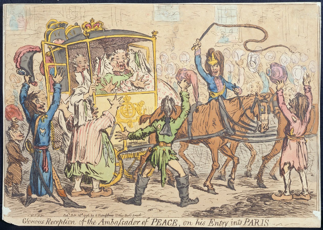 Chwalebne przyjęcie ambasadora pokoju po jego wjeździe do Paryża, opublikowane przez Hannah Humphrey w 1796 r. (akwaforta ręcznie kolorowana) autorstwa James Gillray