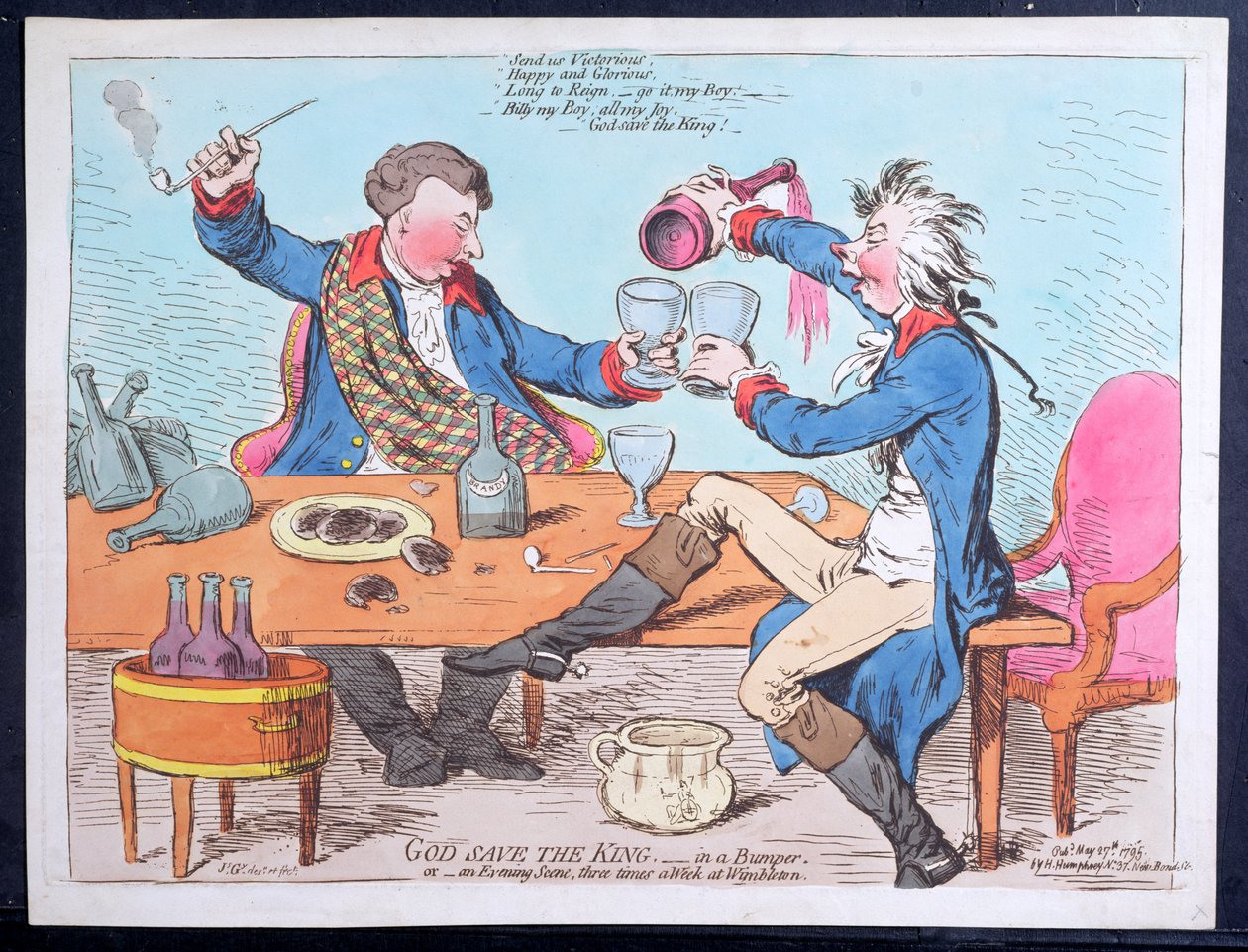 God Save the King- w zderzaku, czyli scena wieczorna trzy razy w tygodniu w Wimbletonie, opublikowana przez Hannah Humphrey w 1795 r. (akwaforta ręcznie kolorowana) autorstwa James Gillray
