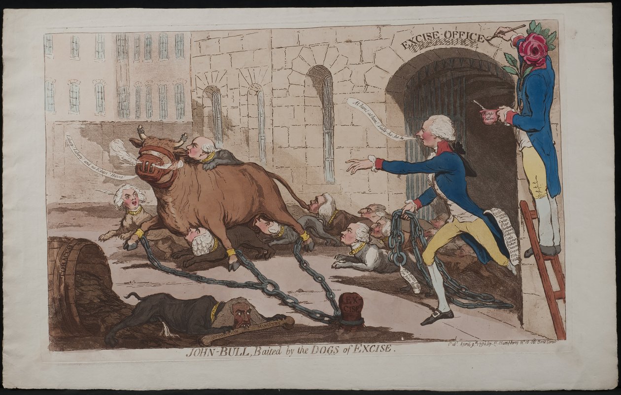 John Bull, nękany przez psy akcyzowe, 1790 autorstwa James Gillray