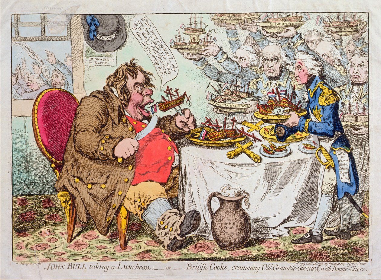 John Bull Take a Luncheon, czyli brytyjscy kucharze, wpychający Old Gruumble-Gizzard z Bonne-Chere, opublikowana przez Hannah Humphrey w 1798 r. (akwaforta ręcznie kolorowana) autorstwa James Gillray