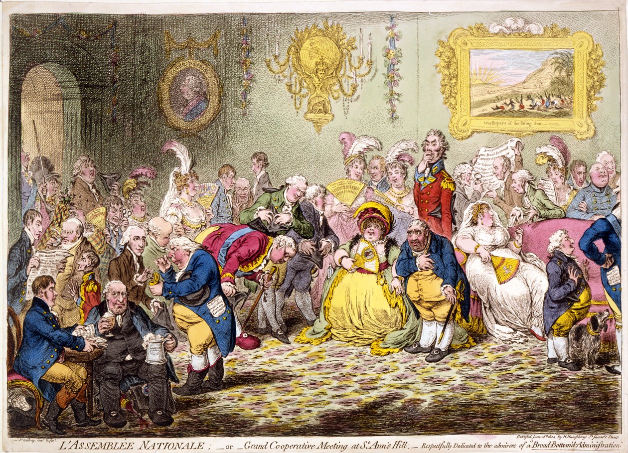 Lassemblée nationale: - lub - wielkie spotkanie współpracy w St Anns Hill, pub. 1804 (rycina ręcznie kolorowana) autorstwa James Gillray