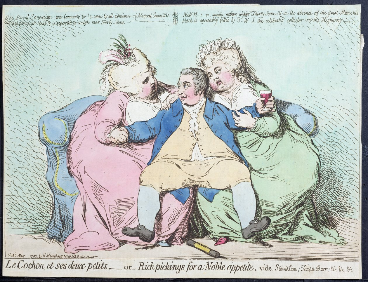 Le Cochon et ses Deux Petits lub Rich Pickings for a Noble Appetite, opublikowana przez Hannah Humphrey w 1792 r. (akwaforta ręcznie kolorowana) autorstwa James Gillray