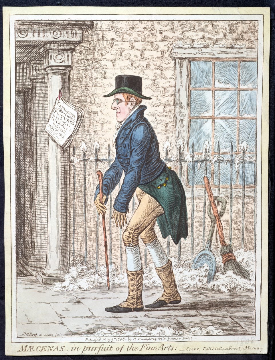 Maecenas w pogoni za sztukami pięknymi, czyli scena, Pall Mall; mroźny poranek, wydana przez Hannah Humphrey w 1808 roku (akwaforta ręcznie kolorowana) autorstwa James Gillray