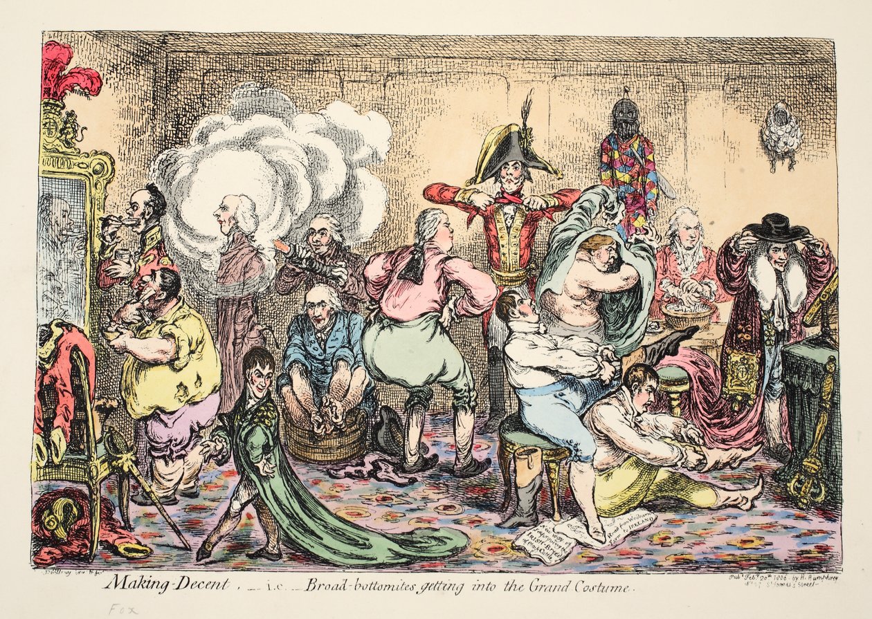 Making Decent, czyli Broad Bottomites wkraczający w Wielki Kostium, wyd. 1806 (ręcznie kolorowane grawerowanie) autorstwa James Gillray