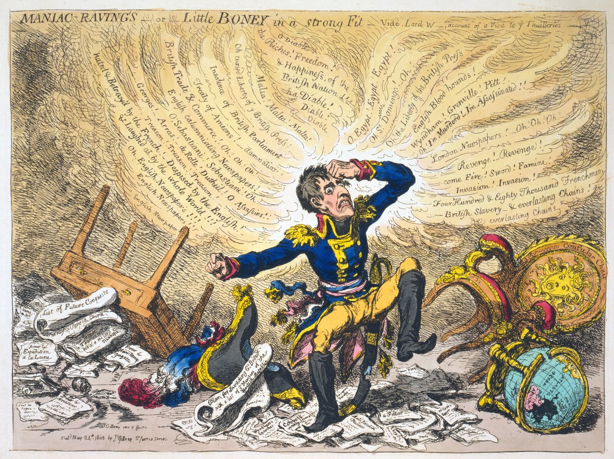 Maniac Ravings lub Little Boney w mocnym kroju, pub.1803 (ręcznie kolorowy grawer) autorstwa James Gillray