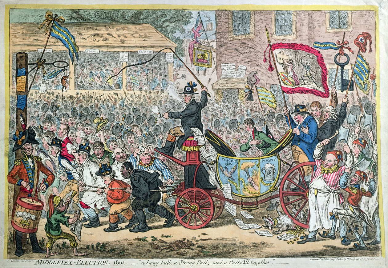 Wybory Middlesex, 1804 lub A Long Pull, a Strong Pull and a Pull Alltogether, opublikowane przez Hannah Humphrey w 1804 (akwaforta ręcznie kolorowana) autorstwa James Gillray
