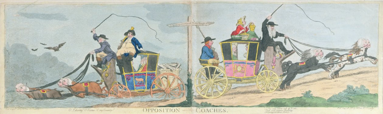 Trenerzy opozycji, wyd. S.W. Fores w 1788 (akwaforta ręcznie kolorowana) autorstwa James Gillray