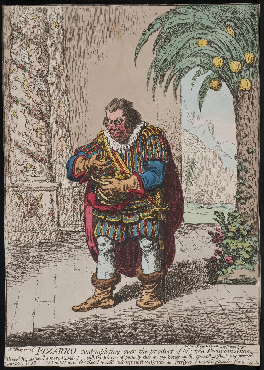 Pizarro kontemplujący produkt swojej nowej kopalni peruwiańskiej, 1799 autorstwa James Gillray