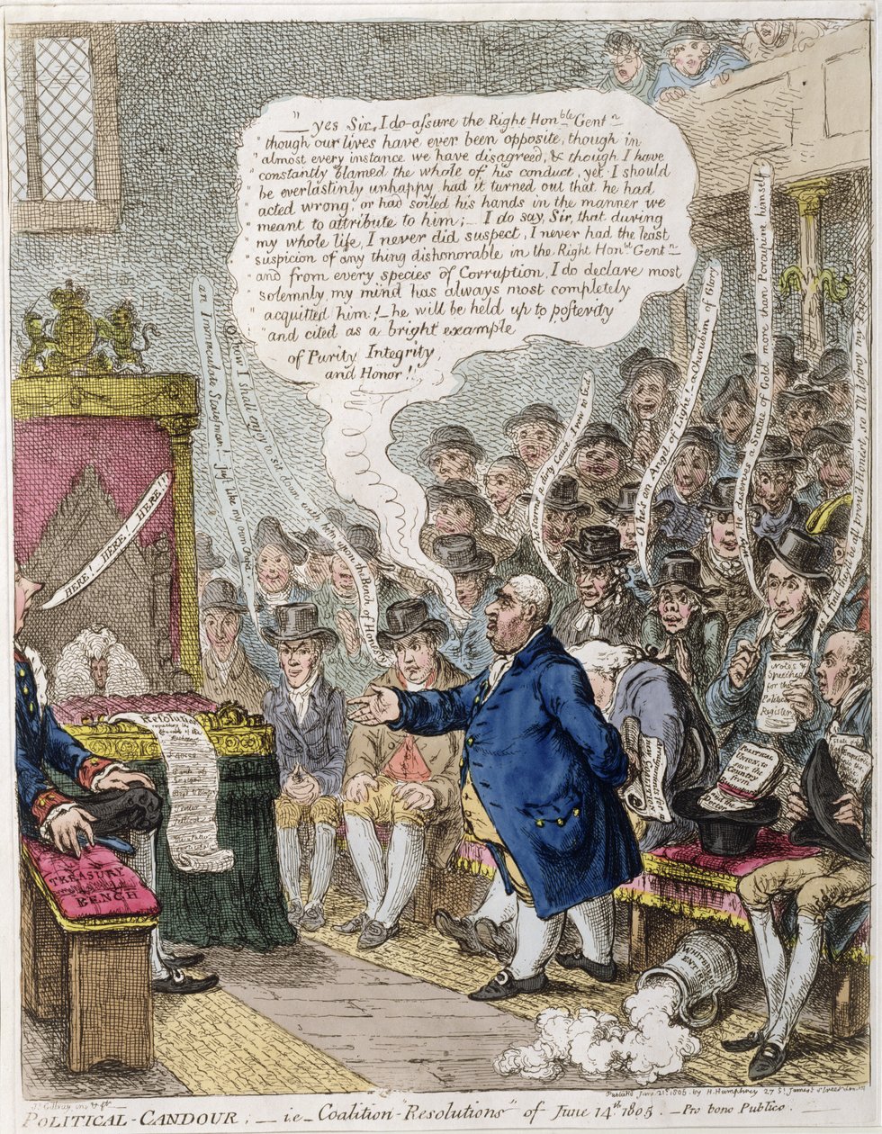 Polityczna szczerość, czyli Koalicja „Resolutions” z 14 czerwca 1805 r. Pro Bono Publico, wyd. Hannah Humphrey w 1805 r. (akwaforta ręcznie kolorowana) autorstwa James Gillray