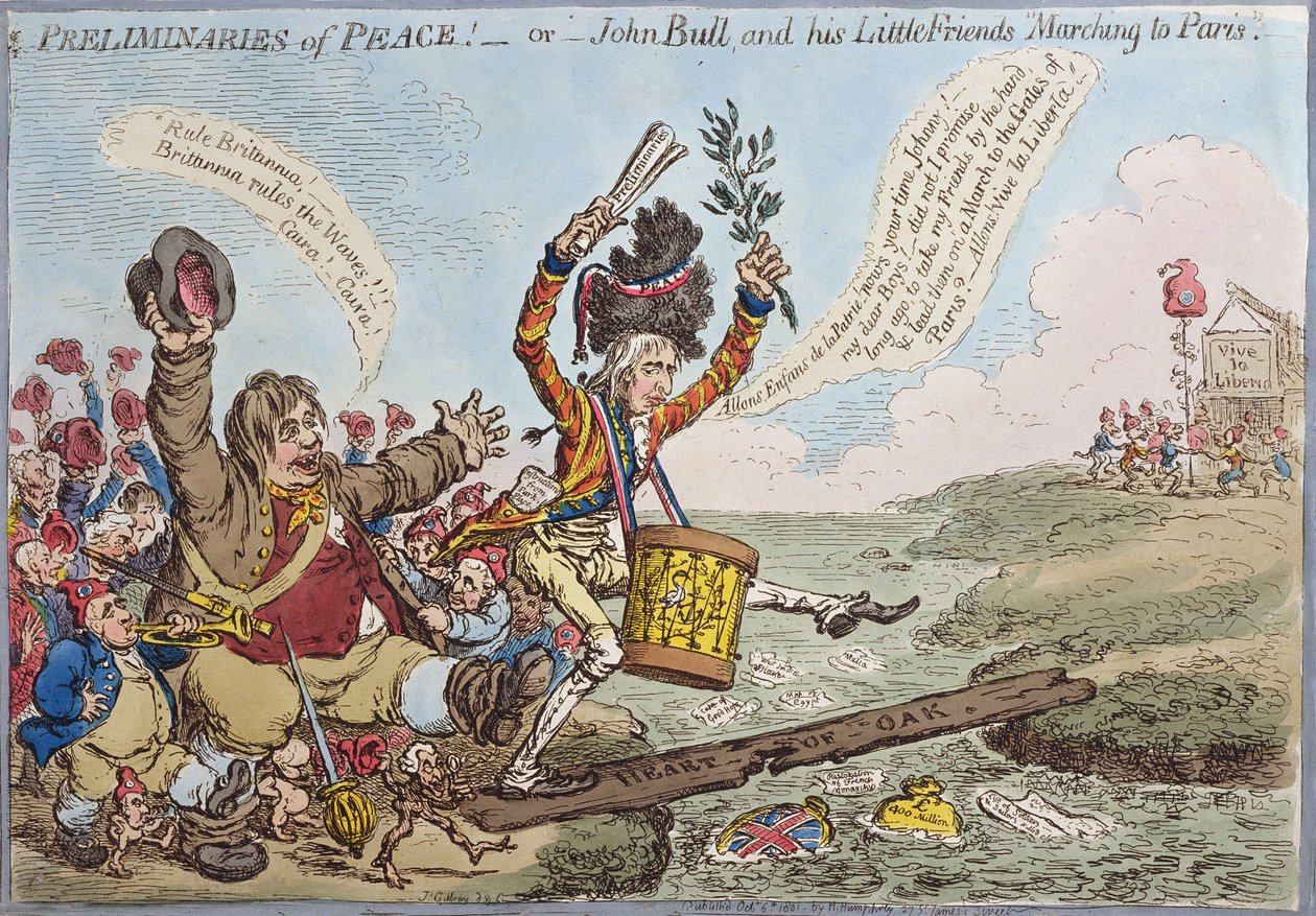 Preliminary of Peace, czyli John Bull i jego mali przyjaciele maszerujący do Paryża, opublikowane przez Hannah Humphrey w 1801 r. (akwaforta ręcznie kolorowana) autorstwa James Gillray