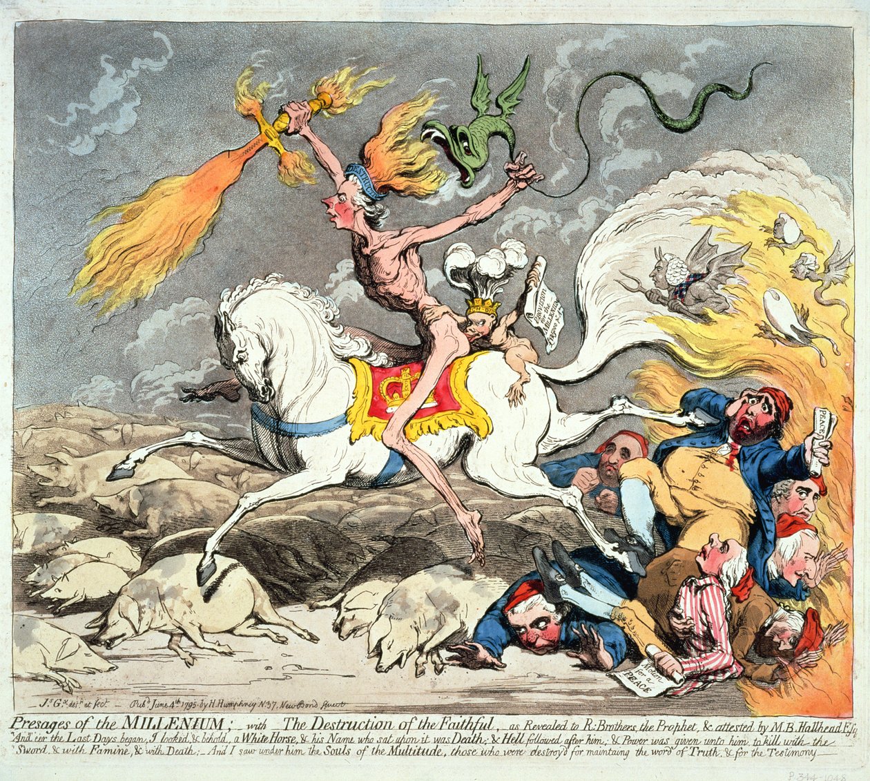 Zapowiedzi Tysiąclecia, opublikowane 1795 (akwaforta ręcznie kolorowana) autorstwa James Gillray