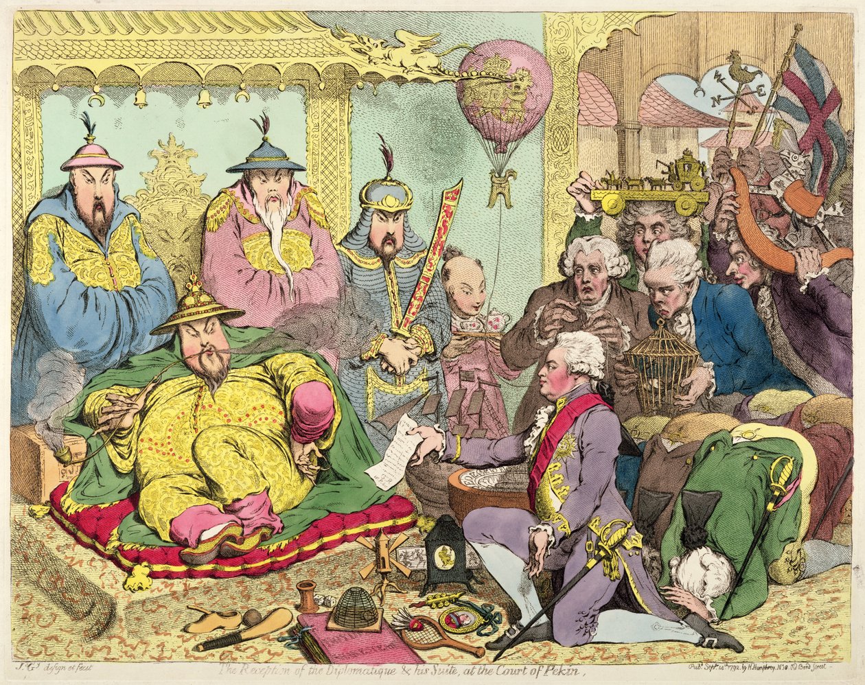 Przyjęcie Dyplomaty i jego Apartamentu na dworze w Pekinie, ok. 1793 (akwaforta barwna) autorstwa James Gillray
