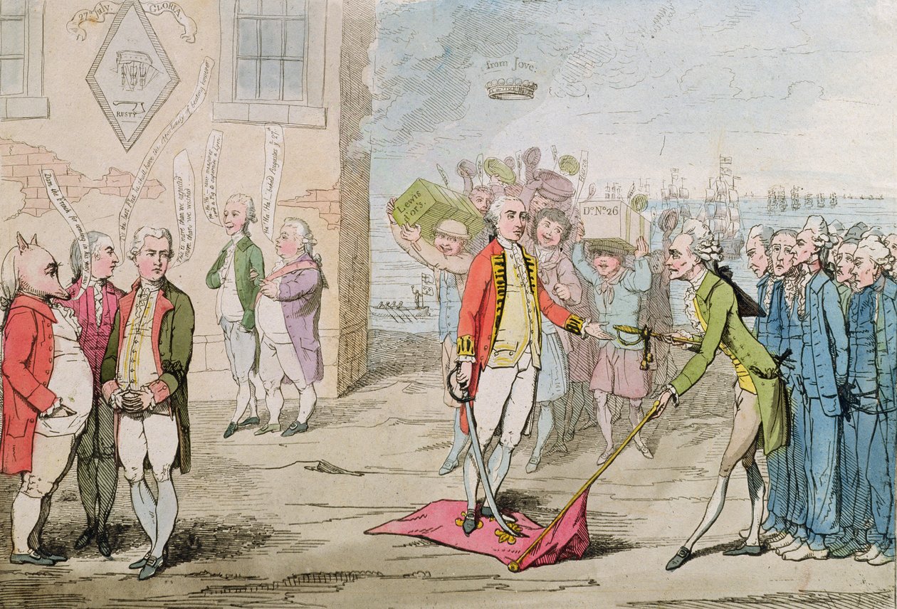 Rodney Triumphant lub Admiral Lee-Shore in the Dumps, 1782 (akwaforta ręcznie kolorowana) autorstwa James Gillray
