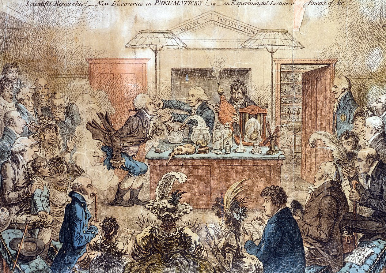 Badania naukowe! Nowe odkrycia w PNEUMATYKACH! lub An Experimental Lecture on the Powers of Air, karykatura wykładu w Royal Institution ukazującego działanie gazu rozweselającego (nitro autorstwa James Gillray