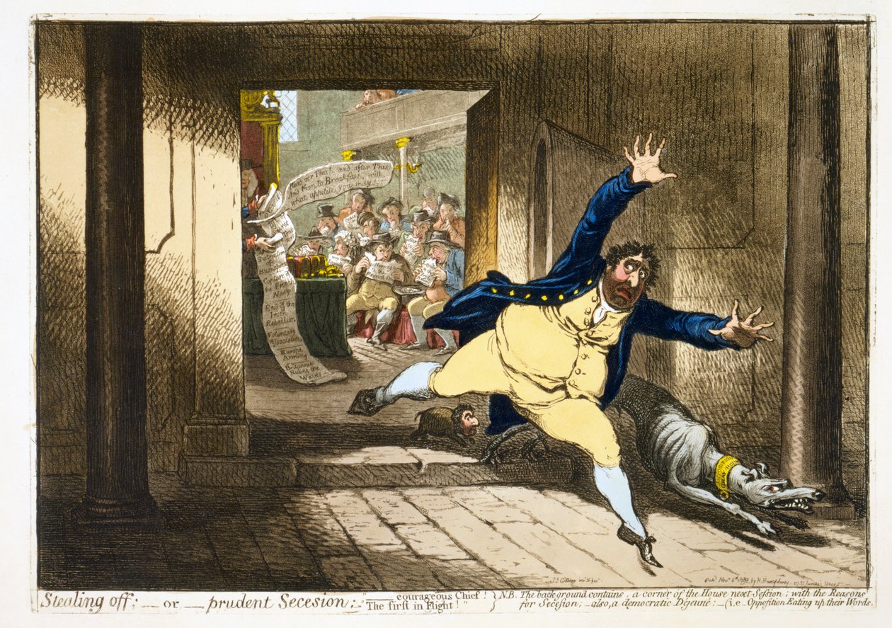 Kradzież; - lub - rozważna Secesja, wyd. 1798 (ręcznie kolorowane grawerowanie) autorstwa James Gillray