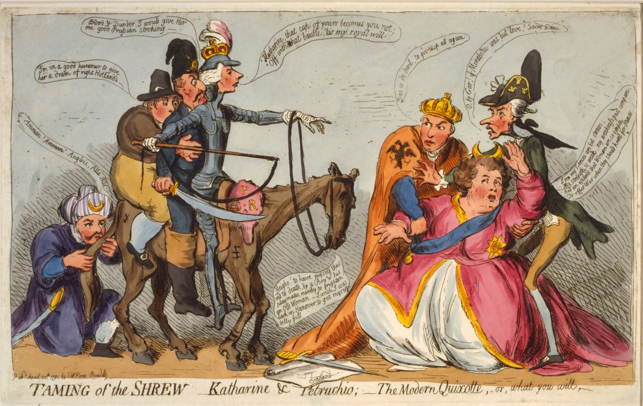 Poskromienie złośnicy, Katarzyna i Petruchio, Nowoczesny Kichot lub jak kto woli, 1791 (akwaforta ręcznie kolorowana) autorstwa James Gillray