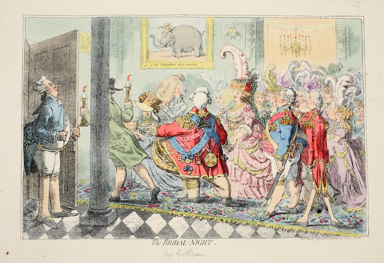 Noc poślubna, 1797 (akwaforta ręcznie kolorowana) autorstwa James Gillray