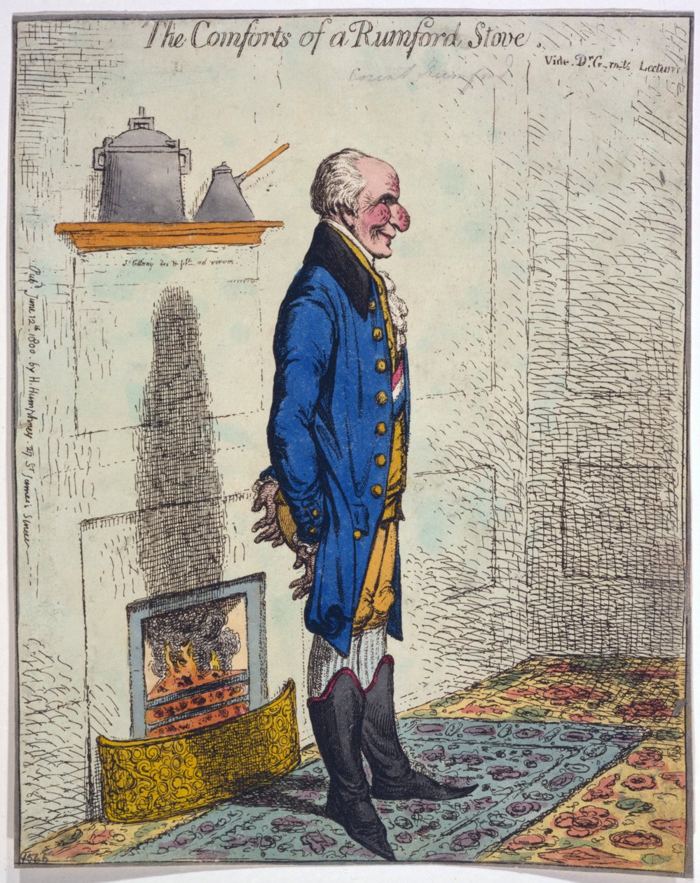 The Comforts of a Rumford Stove, pub. 1800 (rycina ręcznie kolorowana) autorstwa James Gillray