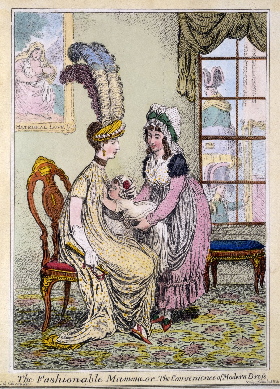Modna mama, czyli wygoda nowoczesnego stroju, wyd. Londyn w 1796 r. (rycina ręcznie kolorowana) autorstwa James Gillray