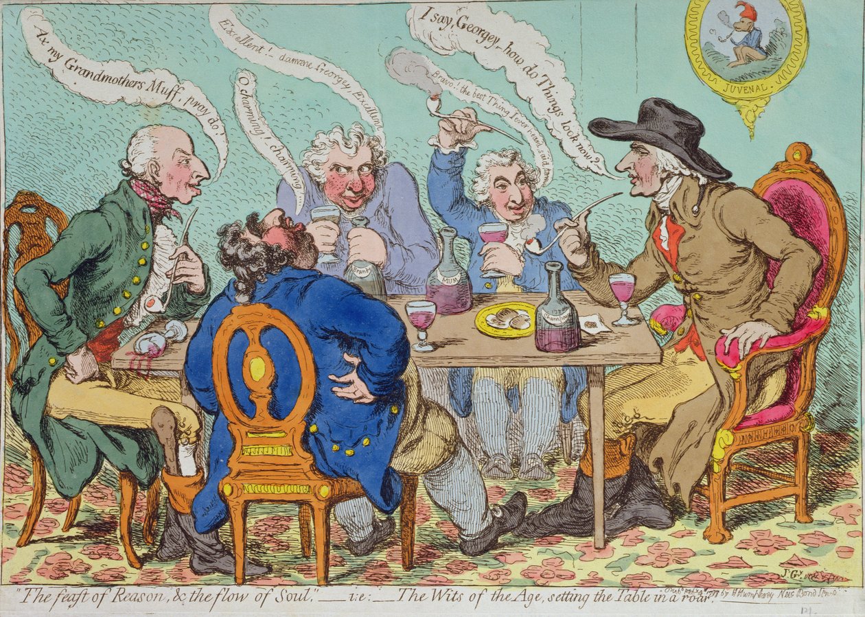 Święto Rozumu i Upływ Duszy - czyli Spryt Wieku, Nakrywający Stół w Ryku, wyd. Hannah Humphrey w 1797 r. (akwaforta ręcznie kolorowana) autorstwa James Gillray