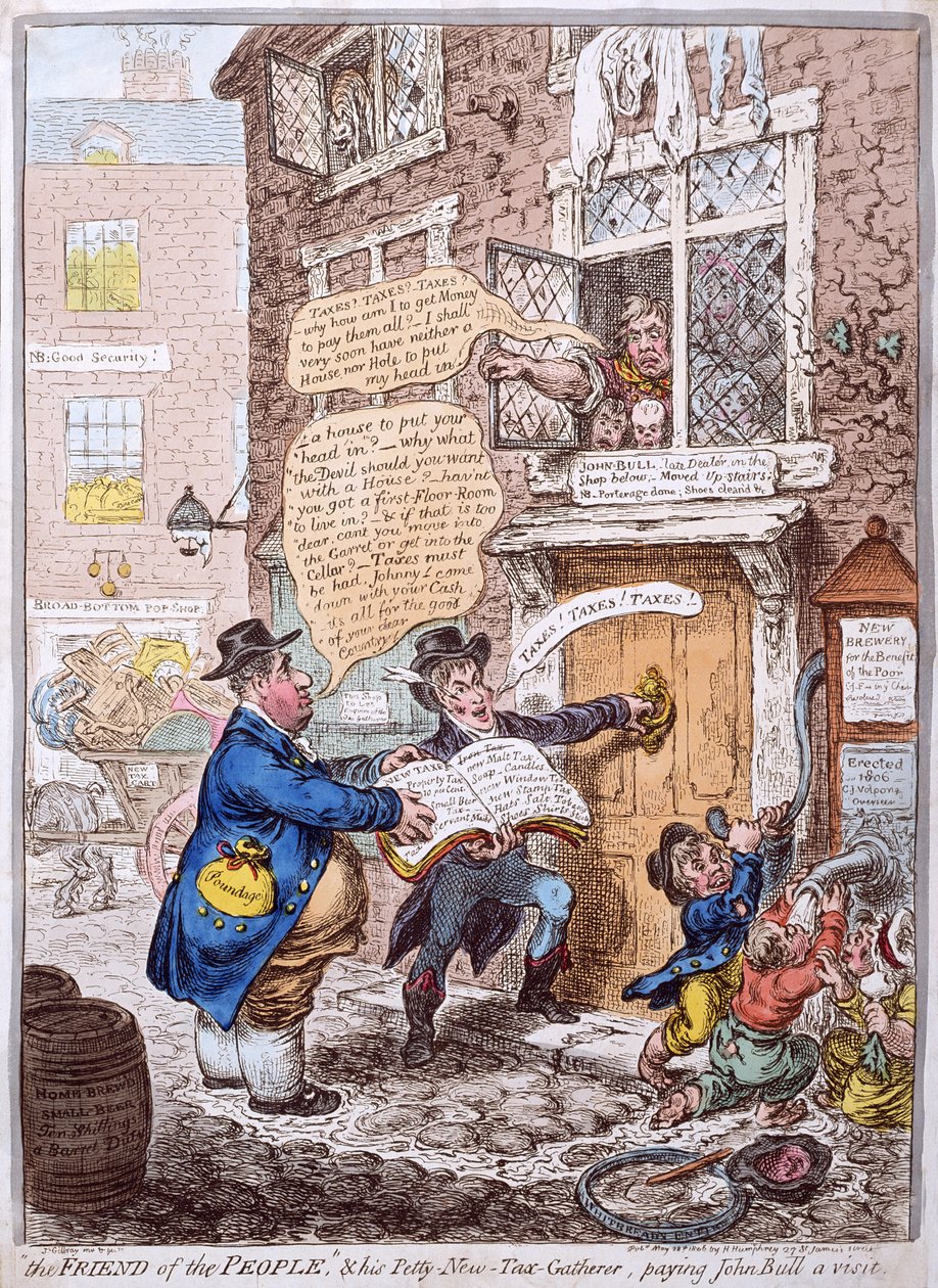 „Przyjaciel ludu” i jego drobny nowy poborca podatków, z wizytą Johna Bulla, opublikowana przez Hannah Humphrey w 1806 r. (akwaforta ręcznie kolorowana) autorstwa James Gillray