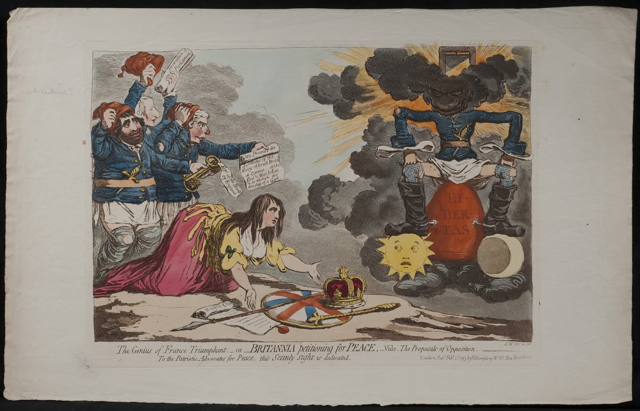 Geniusz Francji triumfujący – lub – Britannia prosząca o pokój, Vide. Propozycje opozycji, 1795 autorstwa James Gillray