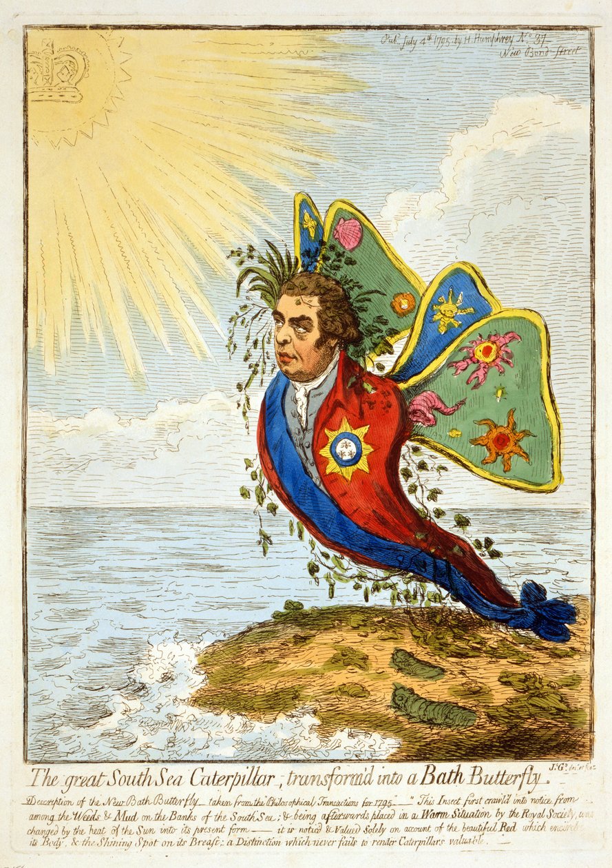 Wielka Gąsienica Południowomorska, przemieniona w Motyla Kąpielowego, 1795 (rycina ręcznie kolorowana) autorstwa James Gillray