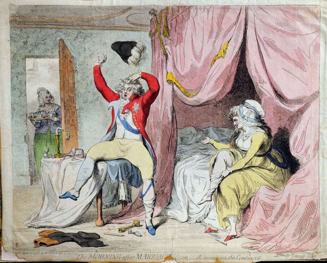 Poranek po ślubie, czyli scena na kontynencie, wydana przez W. Hollanda w 1788 r. (akwaforta ręcznie kolorowana) autorstwa James Gillray