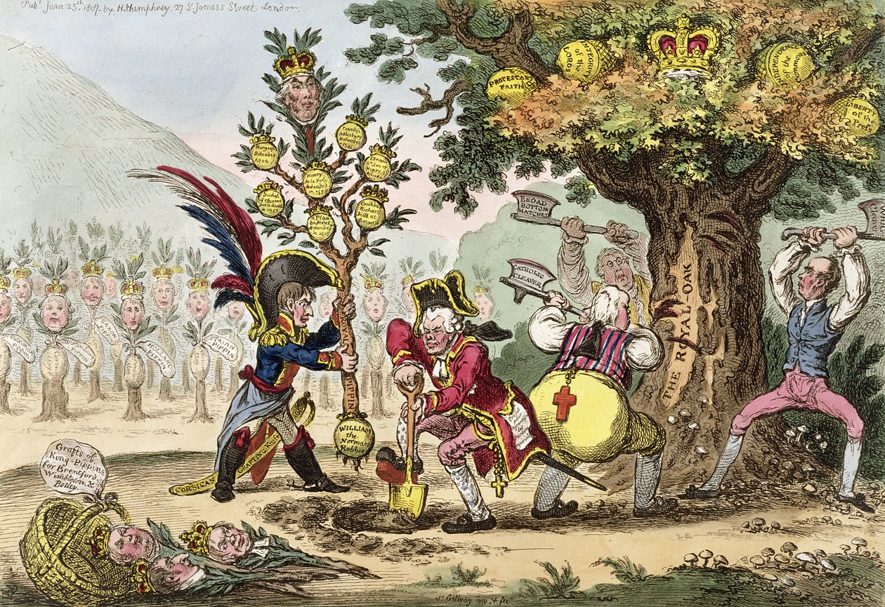 The New Dynasty lub The Little Corsican Gardiner sadzący Królewskie Pippin Tree, opublikowana przez Hannah Humphrey w 1807 r. (akwaforta ręcznie kolorowana) autorstwa James Gillray