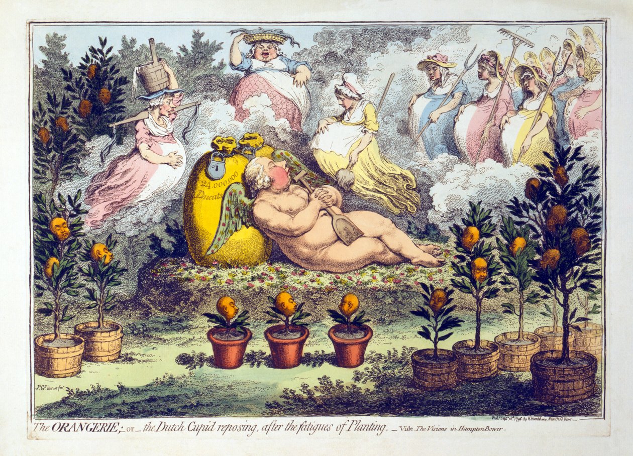 Oranżeria - lub - Kupidyn holenderski odpoczywający po trudach sadzenia, opublikowana w 1796 r. (rycina ręcznie kolorowana) autorstwa James Gillray