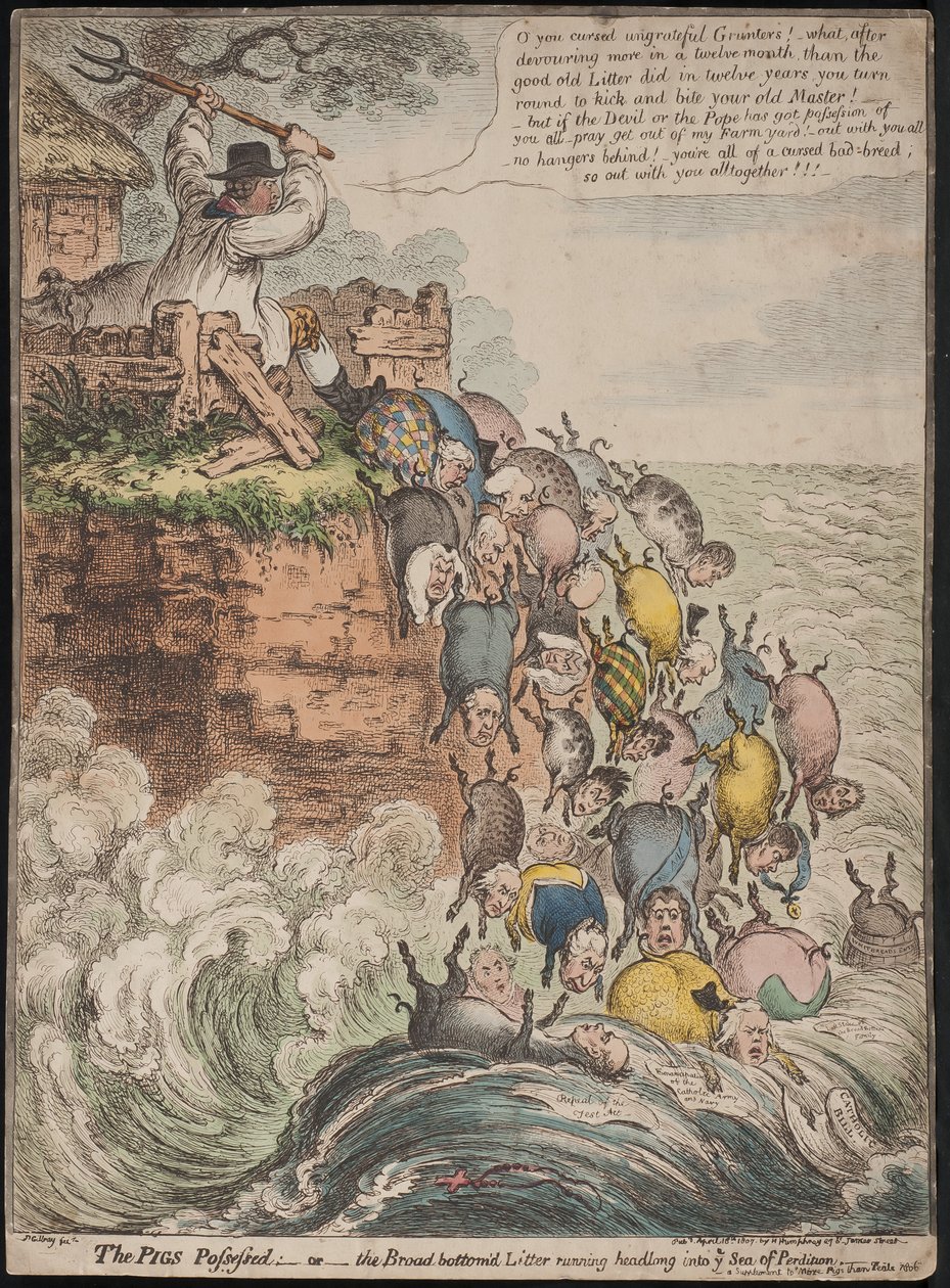 Opętane świnie lub ściółka z szerokim dnem biegnąca na oślep do Morza Zatracenia, 1807 autorstwa James Gillray