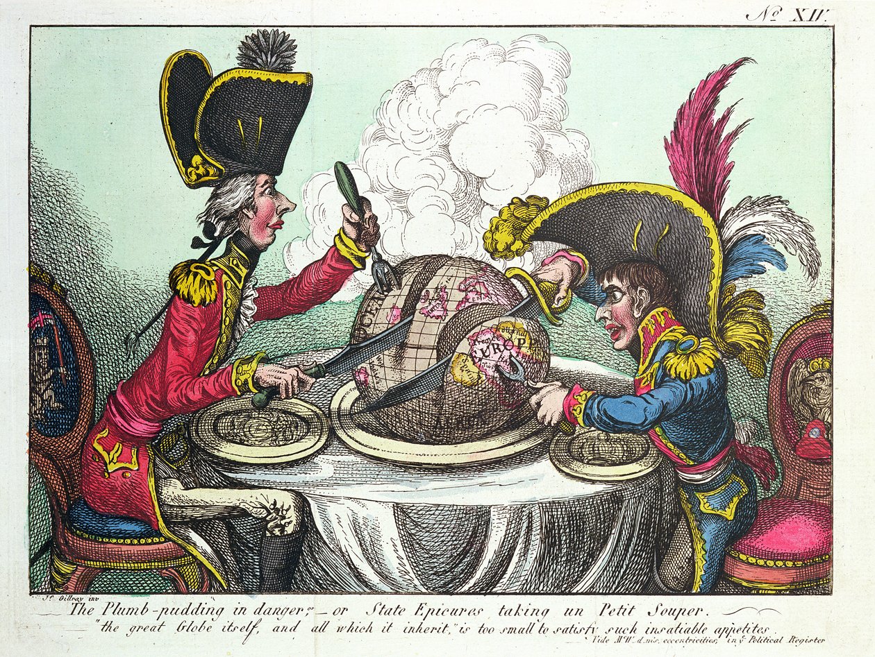 Pudding śliwkowy w niebezpieczeństwie, 1805 (kolorowy grawerunek) (patrz także 152999) autorstwa James Gillray