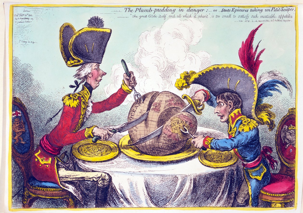 Pudding śliwkowy w niebezpieczeństwie, czyli State Epicures biorący Petit Souper, wyd. 26 lutego 1805 r. (ręcznie kolorowane grawerowanie) autorstwa James Gillray
