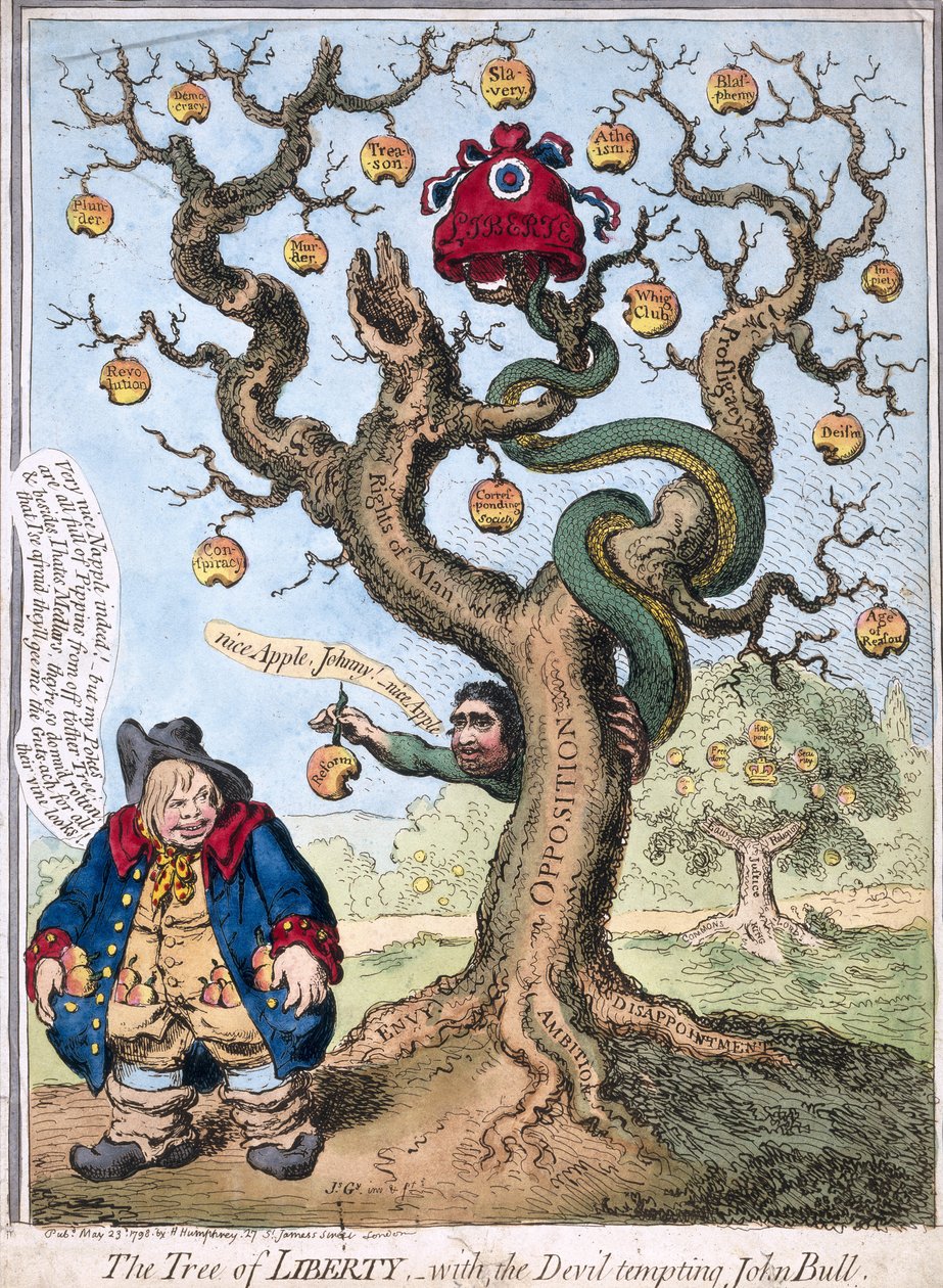 Drzewo wolności z diabłem kuszącym Johna Bulla, wyd. przez Hannah Humphrey, 1798 autorstwa James Gillray