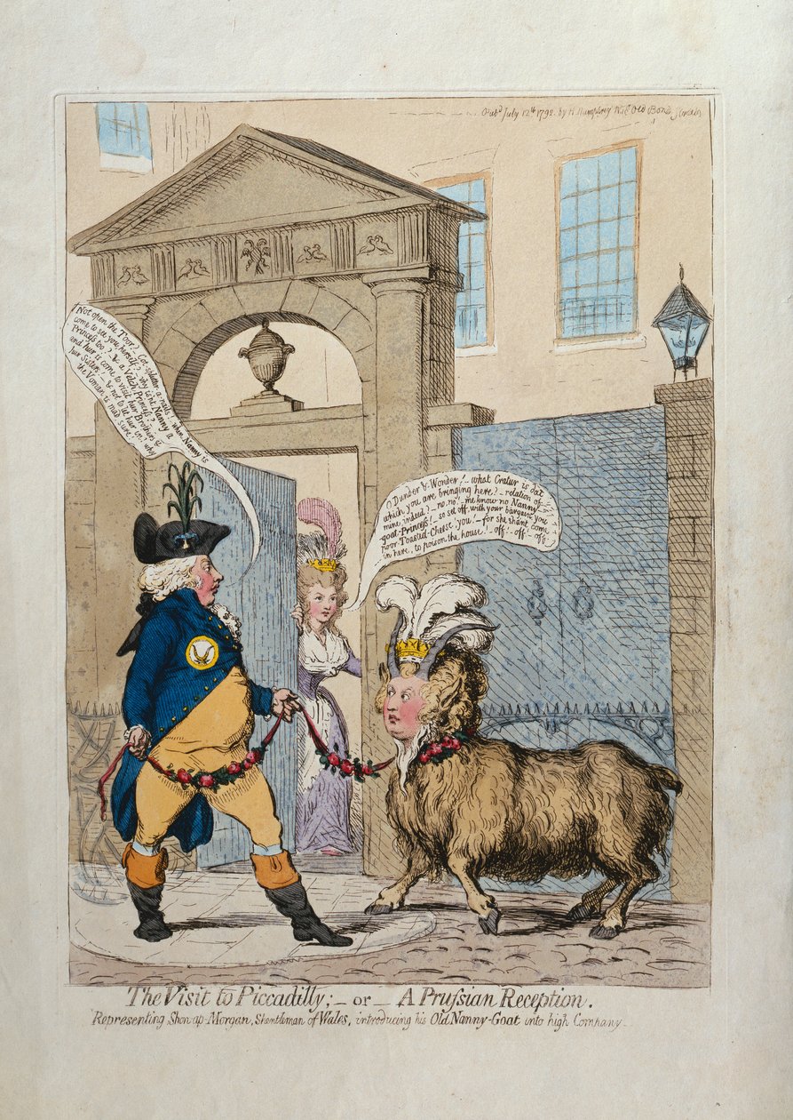 Wizyta na Piccadilly, czyli pruskie przyjęcie, wyd. Hannah Humphrey w 1793 r. (akwaforta ręcznie kolorowana) autorstwa James Gillray